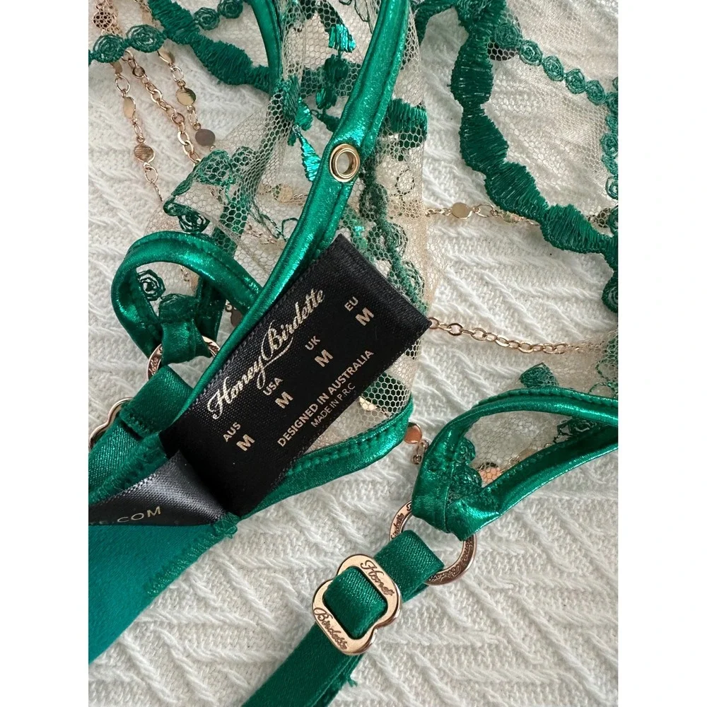 Honey Birdette Goldy Emerald Metallic Chain Jewel Set Bra 32DD Thong M Garter M